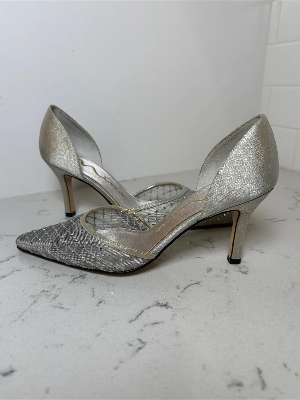 Nina Silver Rhinestone Quilted Pointed-Toe D'Orsay Heels Size 6